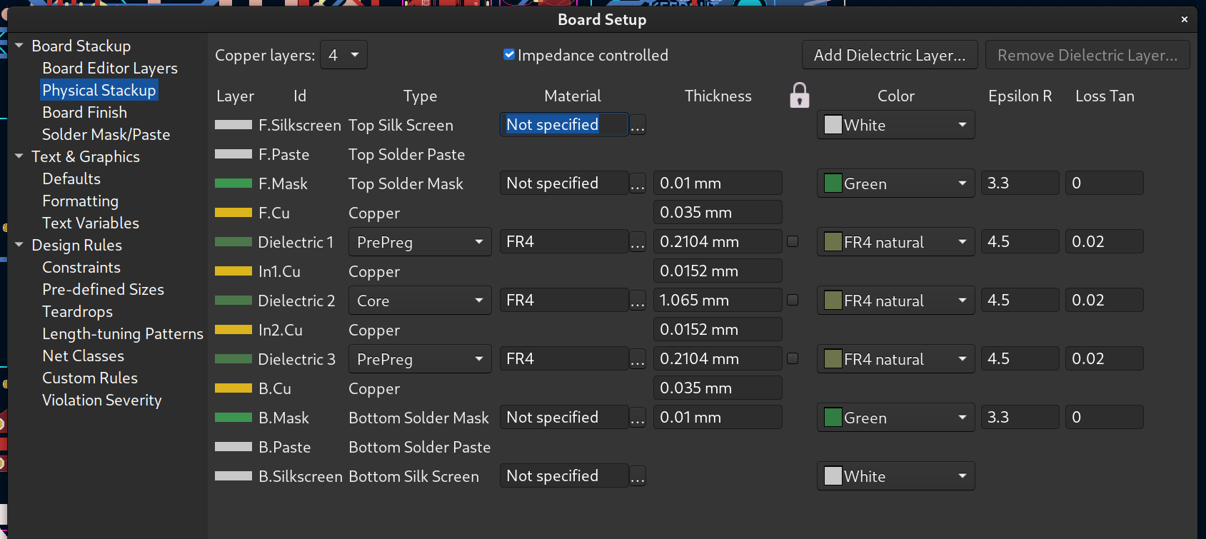 screenshot of a configured 4-layer board stackup in KiCad